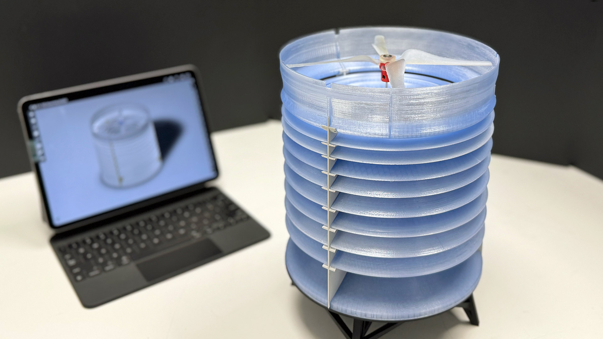 Scale model of Mattur wind turbines used for Particle Image Velocimetry (PIV) wind tunnel testing